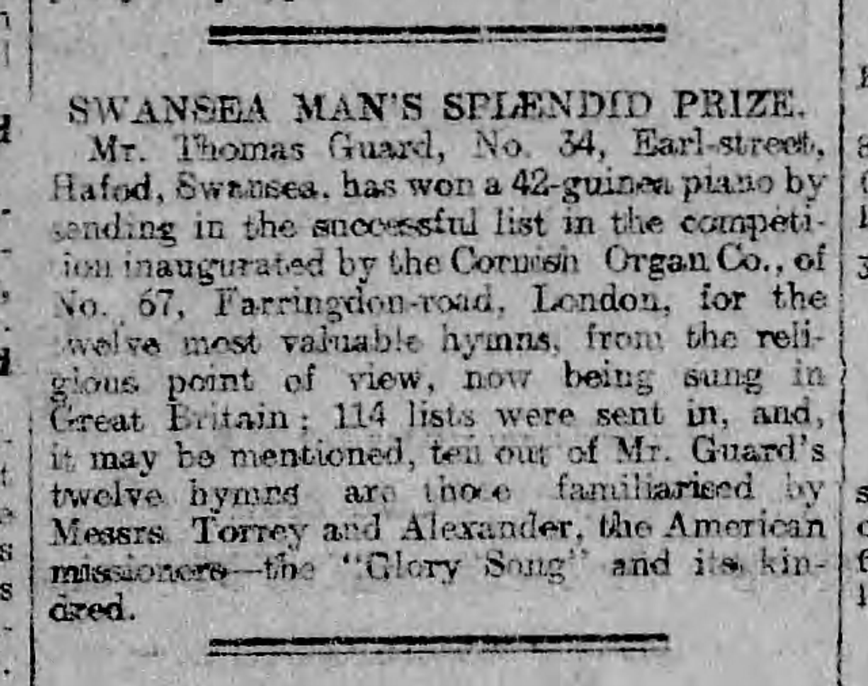 Newspaper report, Swansea Man's Splendid Prize, Thomas Guard 1905